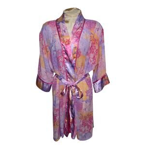Delicates Floral pink purple yellow Kimono Tie Robe Size Large